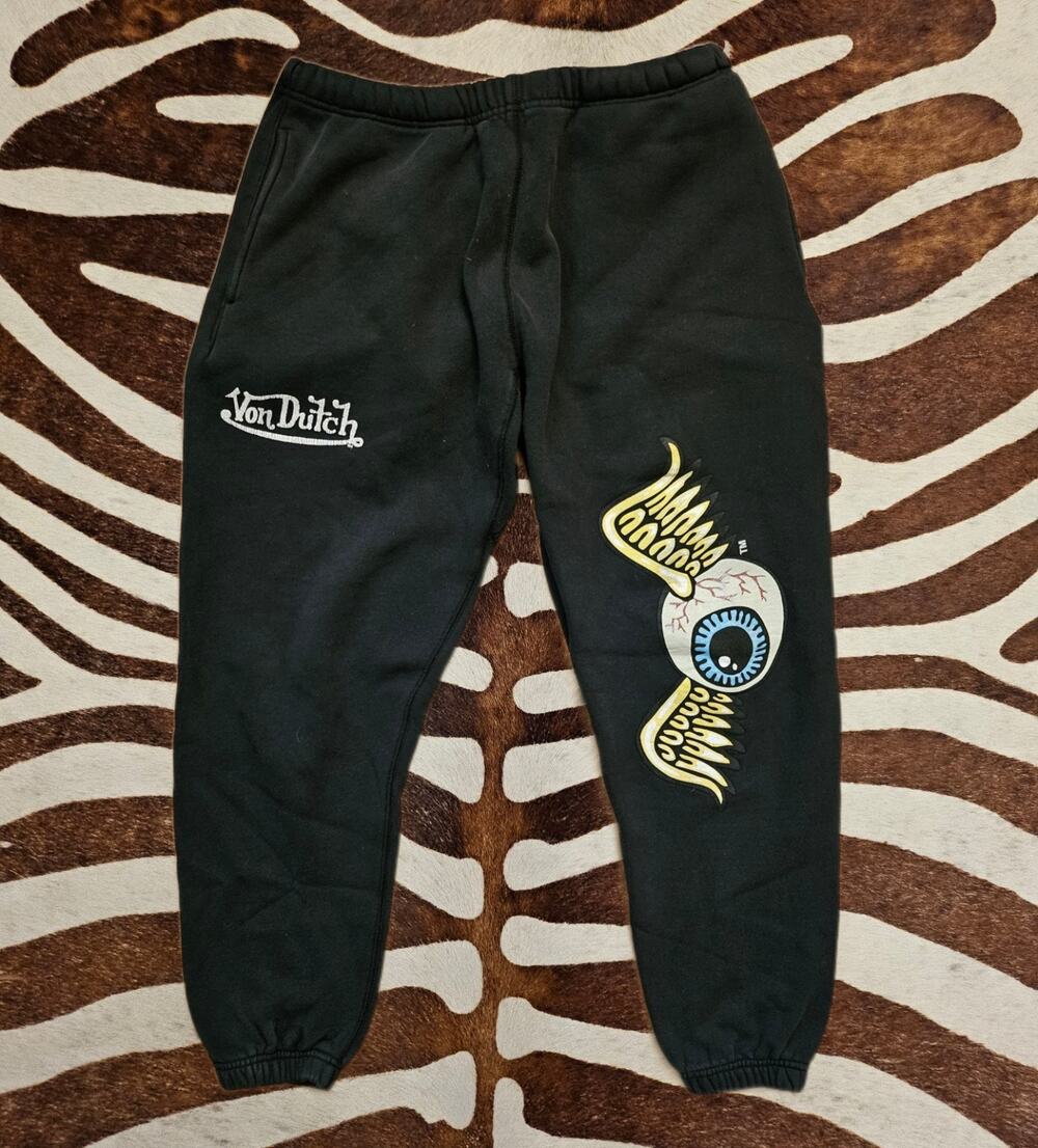 Vintage Y2K 2000s Von Dutch Black Sweatpants Flying Eyeball Made In USA Sz M